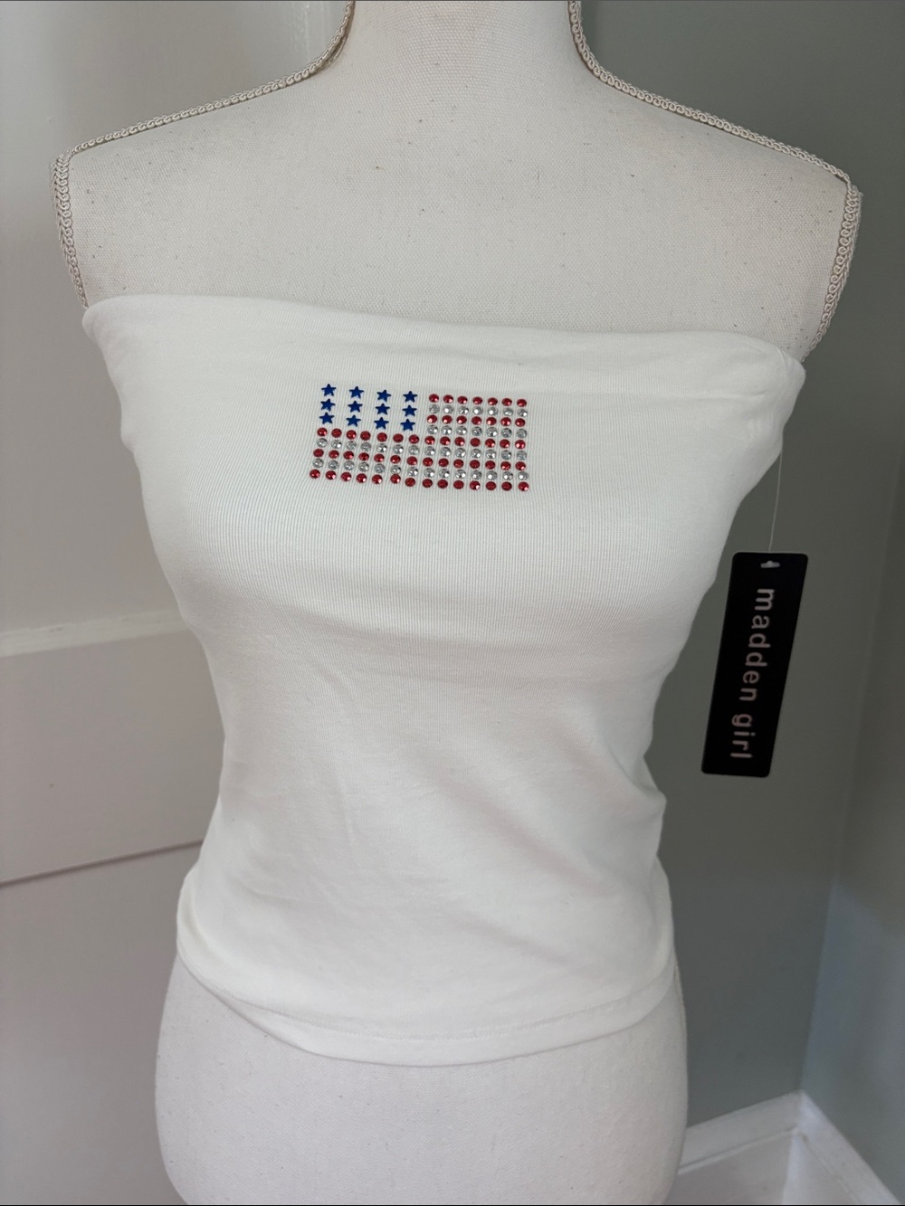 NWT Madden Girl White Strapless Rhinestone Flag Tube Top Juniors Large
